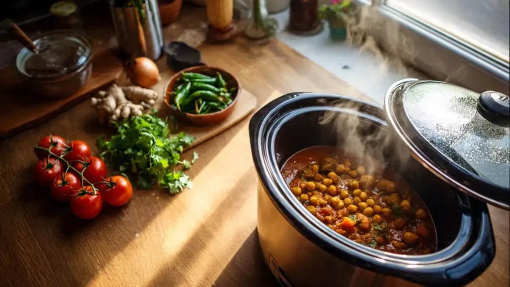 A steaming pot of healthy vegetable stew in a slow cooker, placed in a sunny kitchen setting.