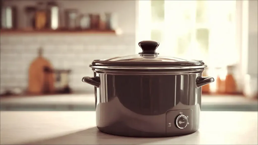 A sleek, dark-colored slow cooker sitting on a white countertop in a bright, modern kitchen.