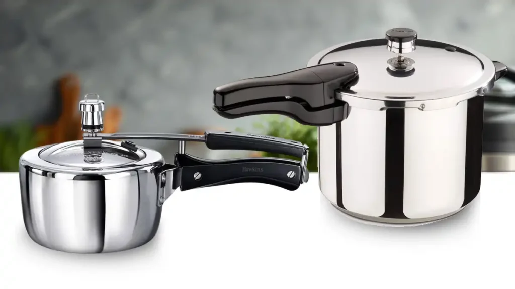 A comparison of two stainless steel stovetop pressure cookers, featuring a Hawkins classic model and a Presto model.