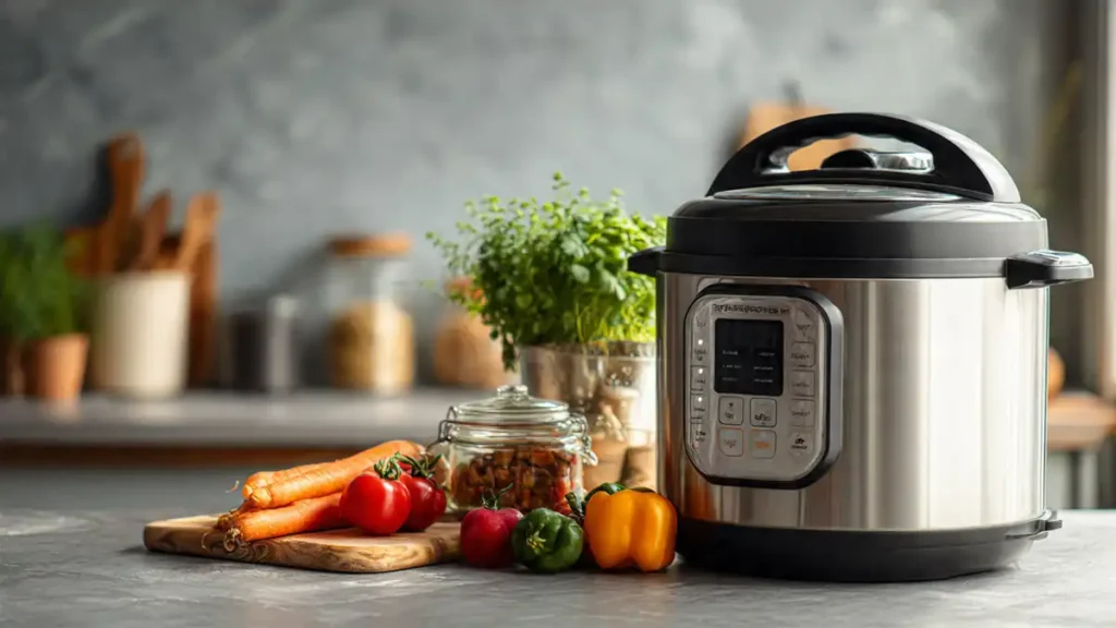 A modern stainless steel electric multi-cooker on a kitchen counter surrounded by fresh vegetables.