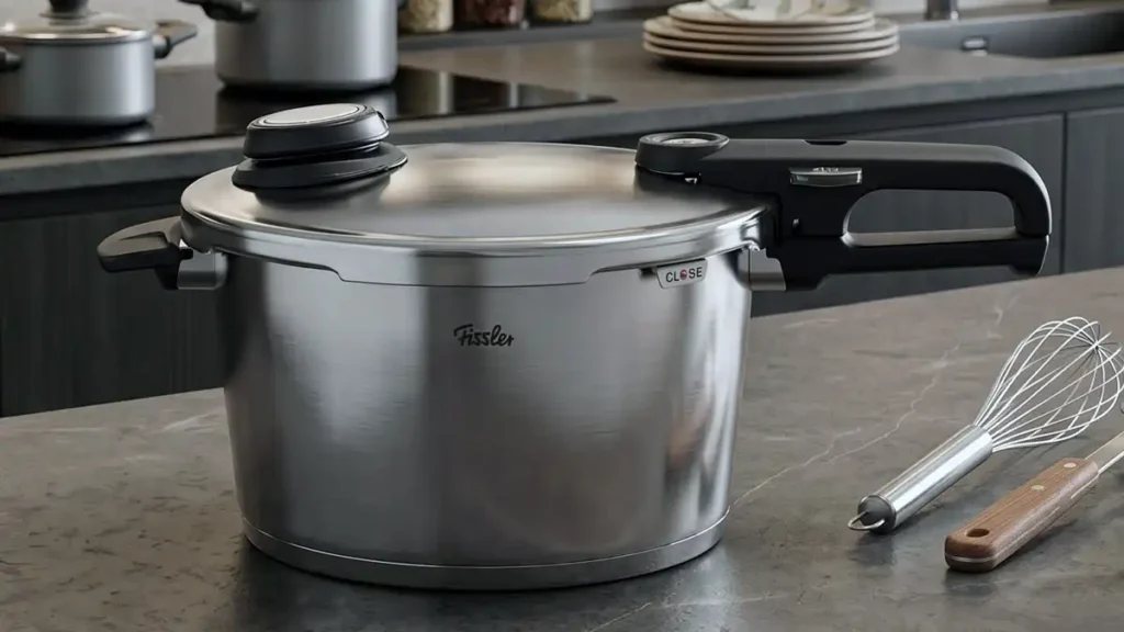 A premium stainless steel Fissler stovetop pressure cooker on a kitchen island.