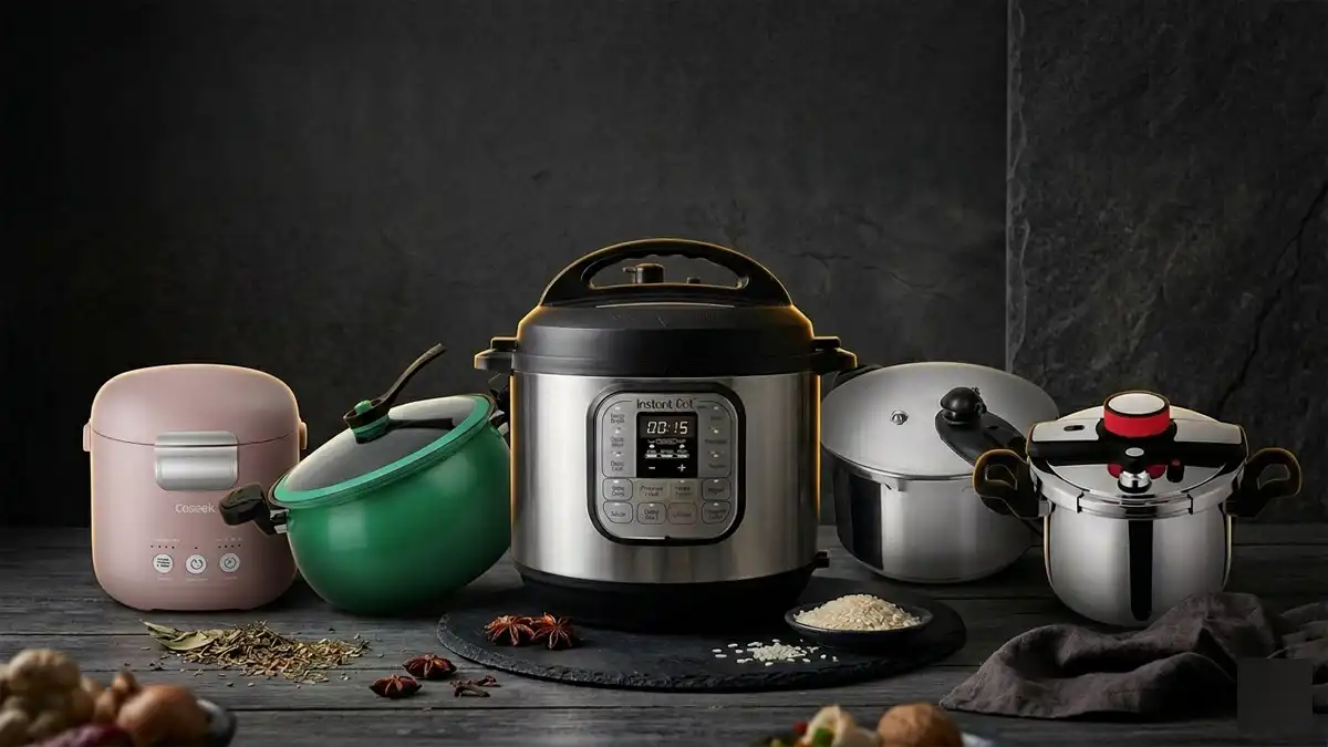 Comparison of different pressure cooker types from around the world including Indian, Chinese, Korean, and Western models