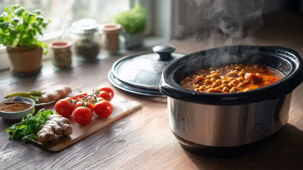 A wide shot of a slow cooker filled with a thick legume stew sitting near a bright kitchen window with potted herbs.