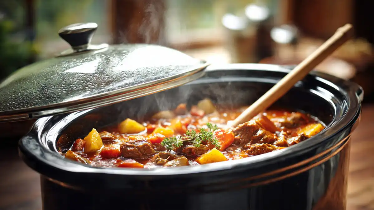 A close up of a slow cooker with the glass lid partially open, showing a thick, steaming beef and vegetable stew.