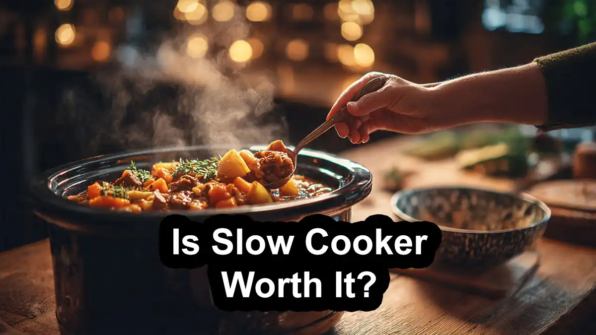 A person serving a warm stew from a slow cooker in a cozy home kitchen