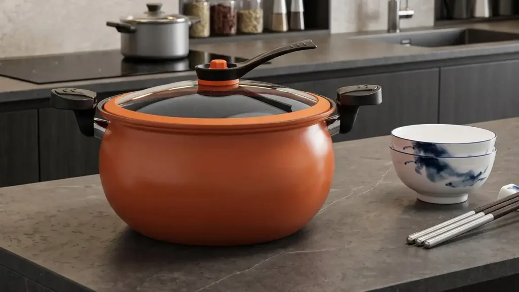 An orange modern electric pressure cooker with a glass lid sitting on a dark kitchen counter.