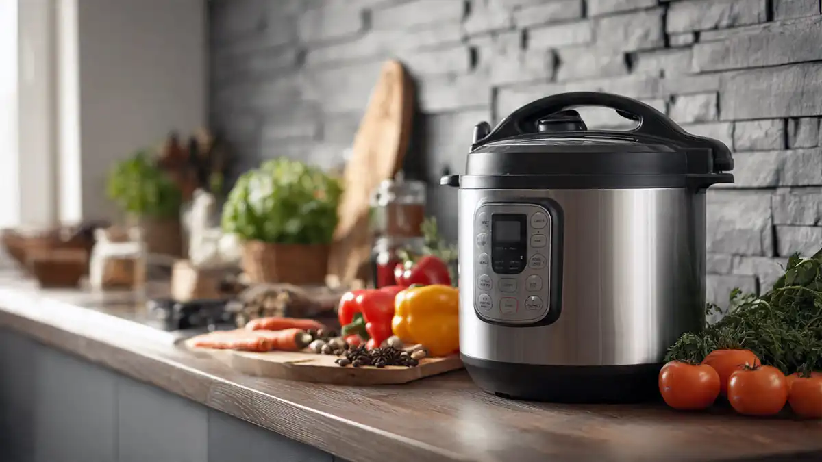 A stainless steel electric pressure cooker with a digital display showing various settings for rice, steam, and slow cooking.