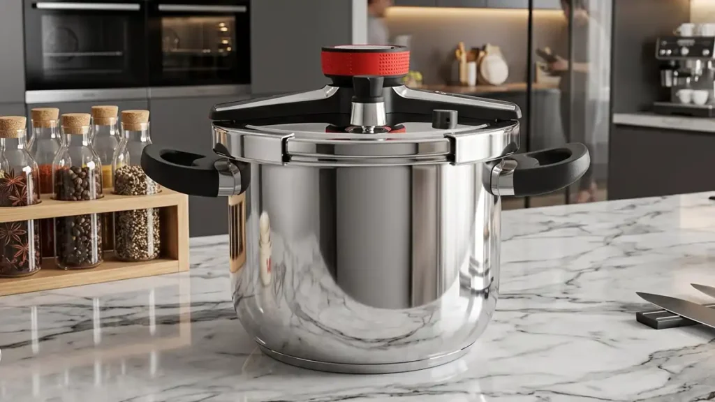 A polished stainless steel stovetop pressure cooker featuring a red safety dial on a marble counter.