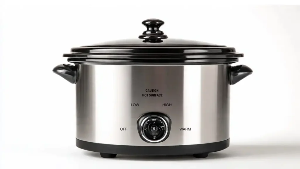 A front-facing view of a slow cooker showing the temperature control dial, stainless steel exterior, and lid.