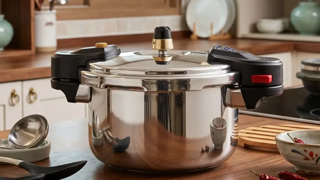 A shiny stainless steel stovetop pressure cooker with black handles sitting on a wooden kitchen counter with small traditional bowls nearby.