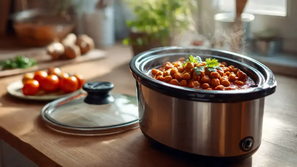 Slow cooker glass lid resting on a wooden table with condensation droplets, next to fresh cooking ingredients.