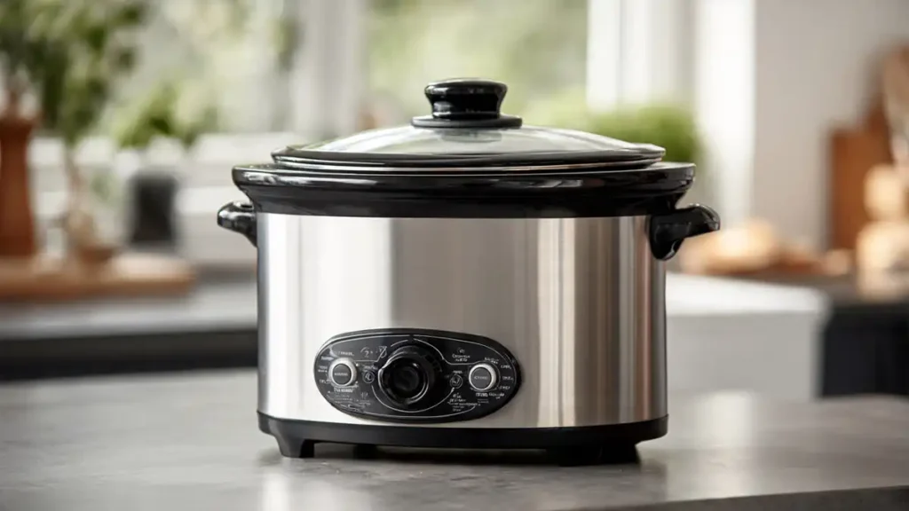 A modern stainless steel programmable slow cooker on a kitchen counter, representing the low-and-slow cooking method.