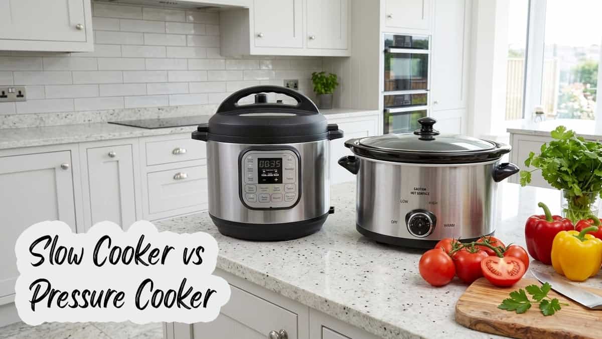 Modern programmable slow cooker and electric pressure cooker side by side on a kitchen counter with fresh ingredients