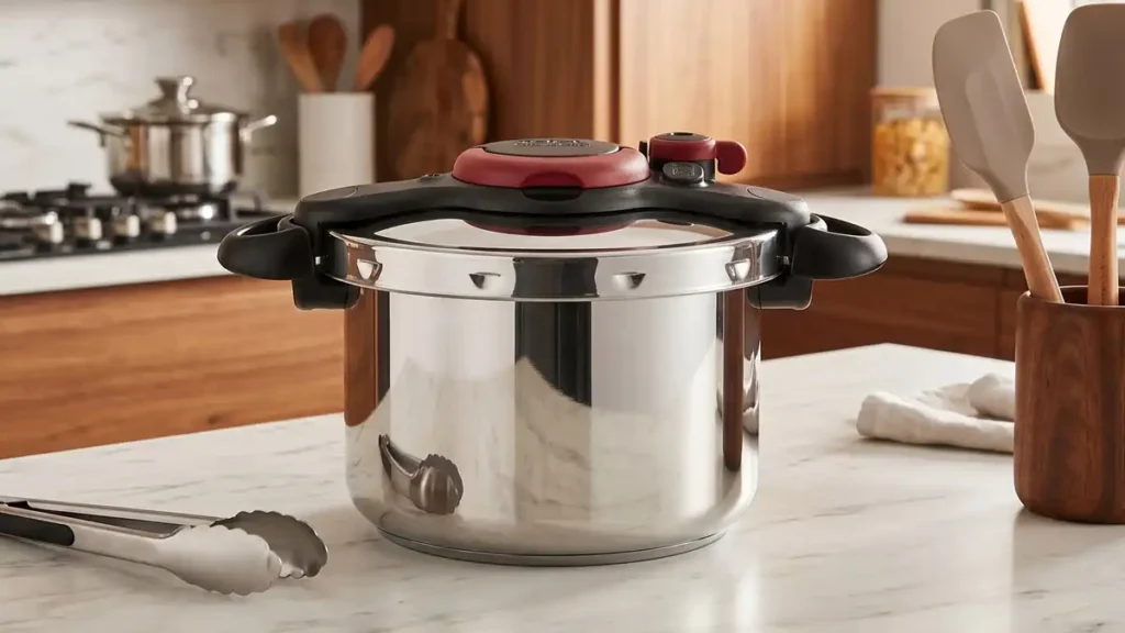 A compact stainless steel stovetop pressure cooker with a modern red and black spring-valve lid.