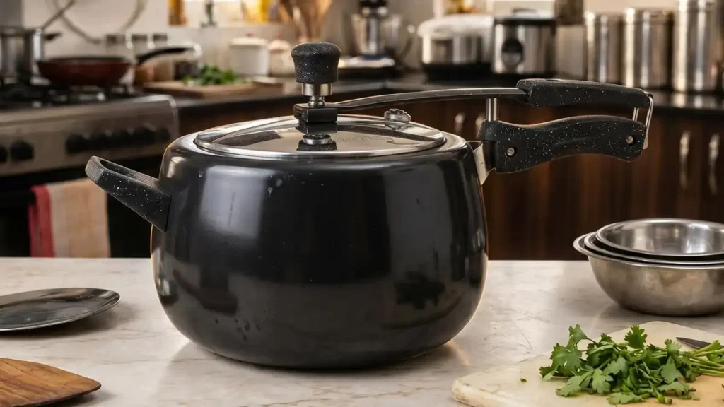 A black hard-anodized stovetop pressure cooker with a traditional whistle weight on a kitchen counter.