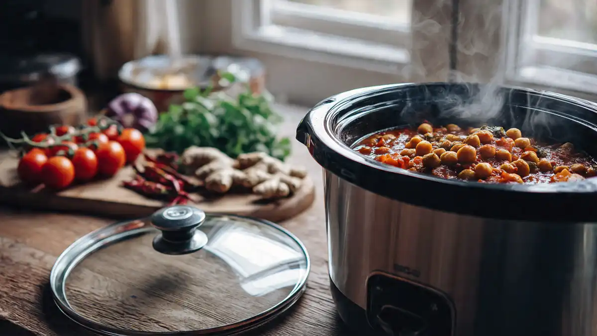 A stainless steel slow cooker with steam rising from a chickpea curry, surrounded by fresh ginger and tomatoes on a wooden counter.