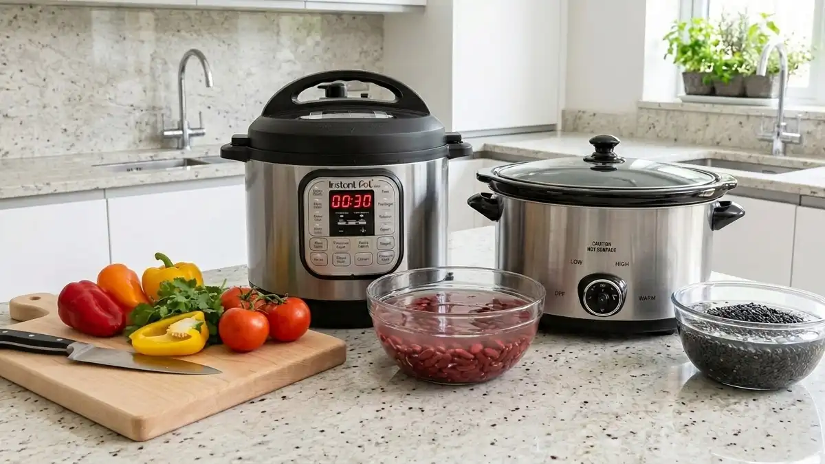 An Instant Pot multicooker and a Crock-Pot slow cooker side-by-side on a white granite countertop with fresh bell peppers and tomatoes.