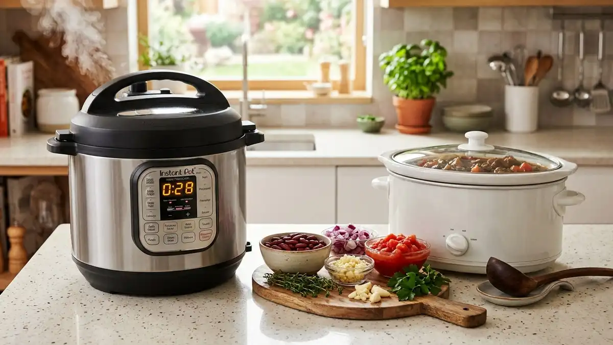 Pressure cooking and slow cooking methods compared using electric pressure cooker and slow cooker appliances