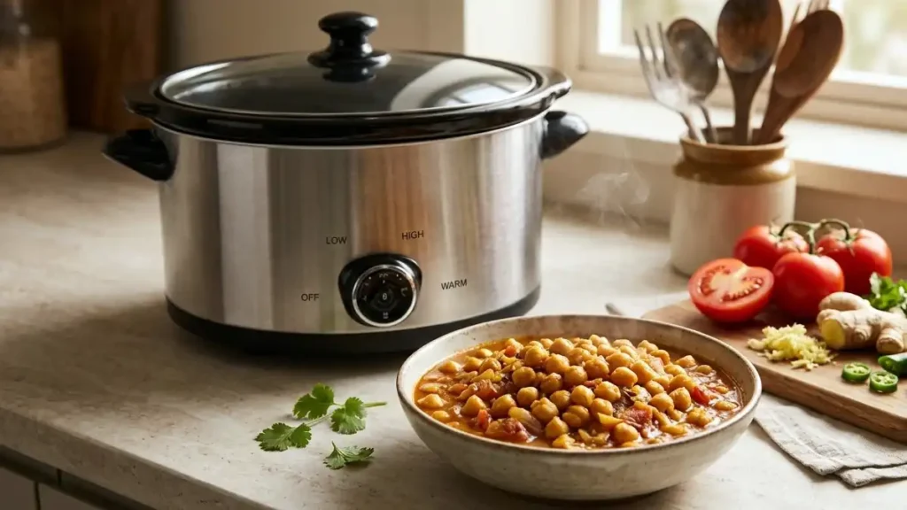 A bowl of hearty vegetarian chili served next to a stainless steel Crock-Pot on a granite countertop.